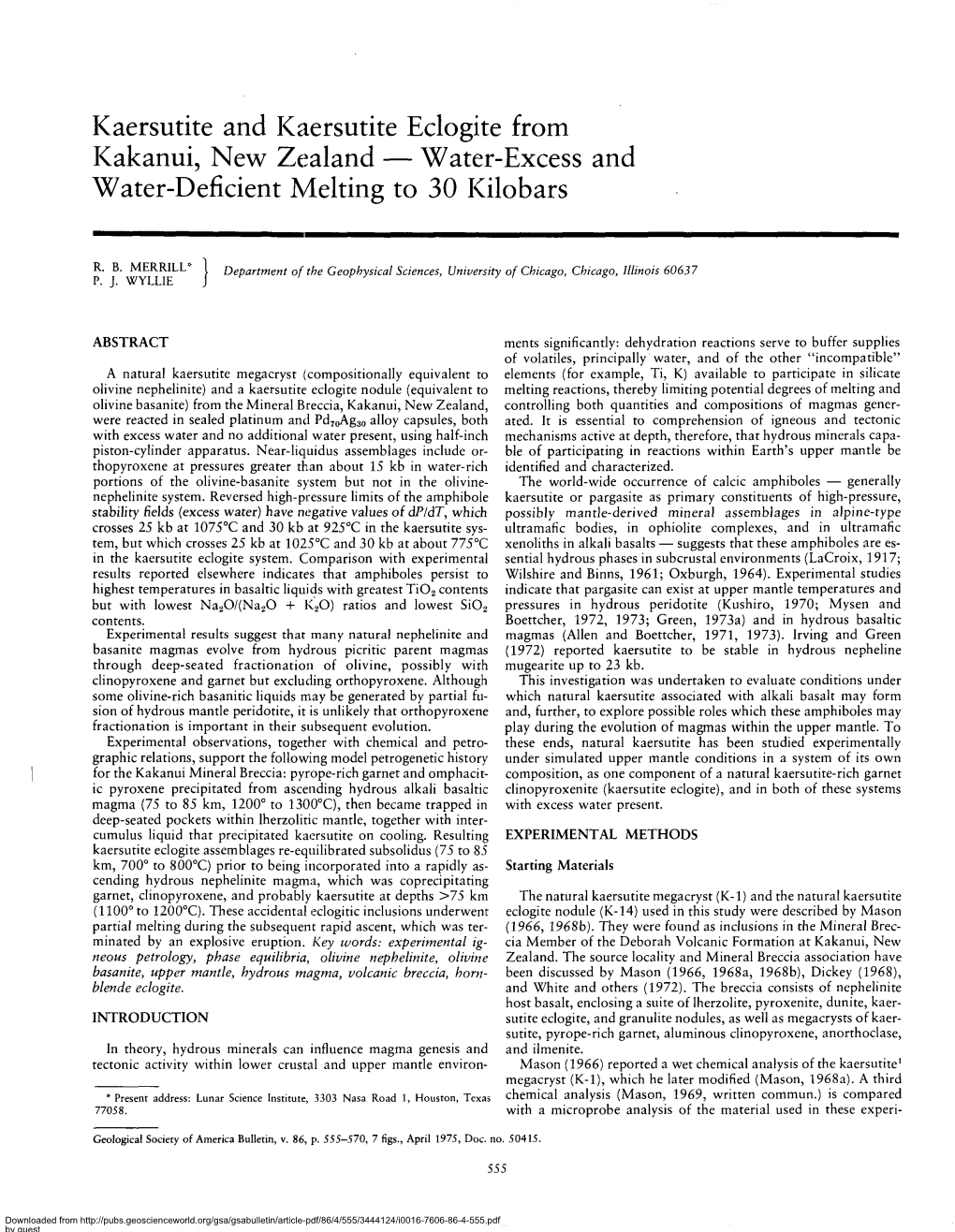 Kaersutite and Kaersutite Eclogite from Kakanui, New Zealand — Water-Excess and Water-Deficient Melting to 30 Kilobars