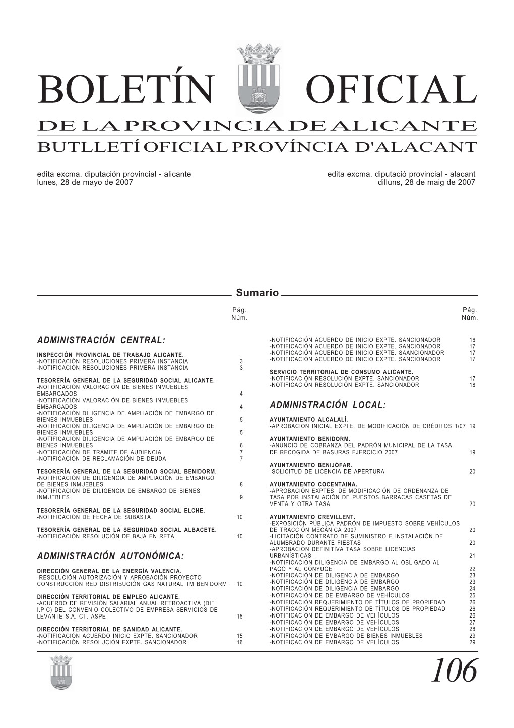 BOLETÍN OFICIAL DE LA PROVINCIA DE ALICANTE BUTLLETÍ OFICIAL PROVÍNCIA D'alacant Edita Excma