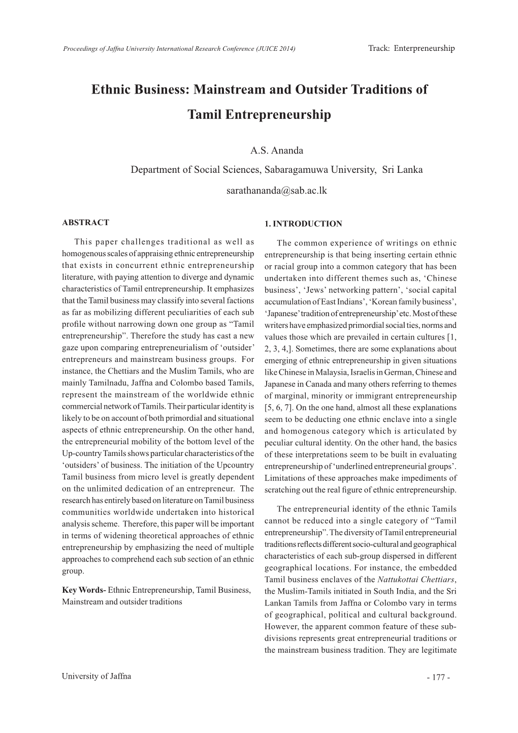 Ethnic Business: Mainstream and Outsider Traditions of Tamil Entrepreneurship