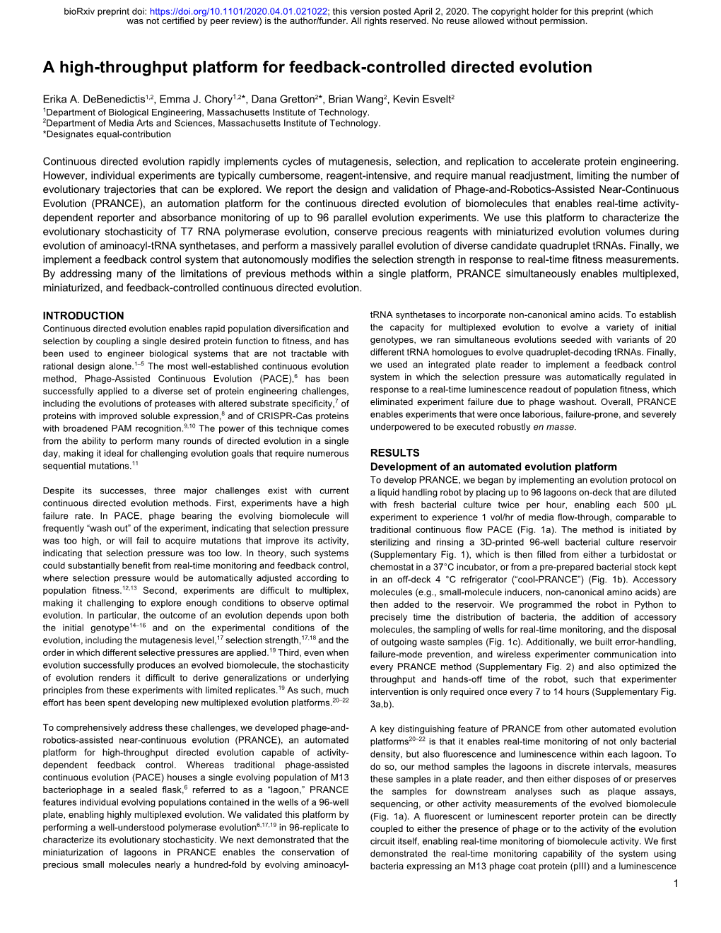 A High-Throughput Platform for Feedback-Controlled Directed Evolution