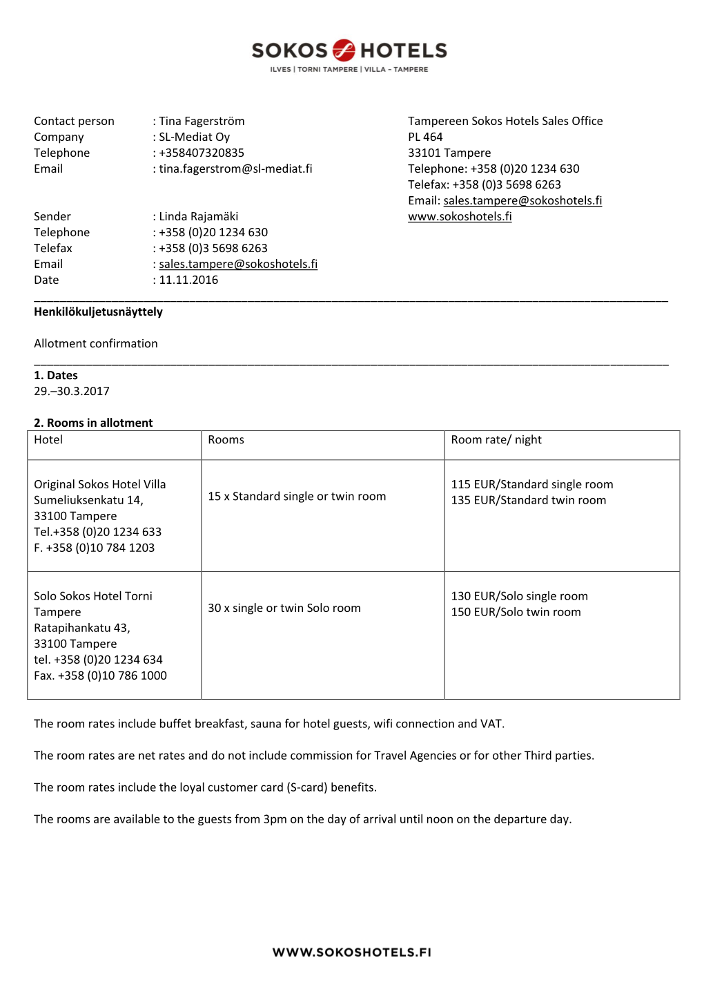 30.3.2017 SL-Mediat Oy, Allotment Confirmation Sokos Hotels Tampere