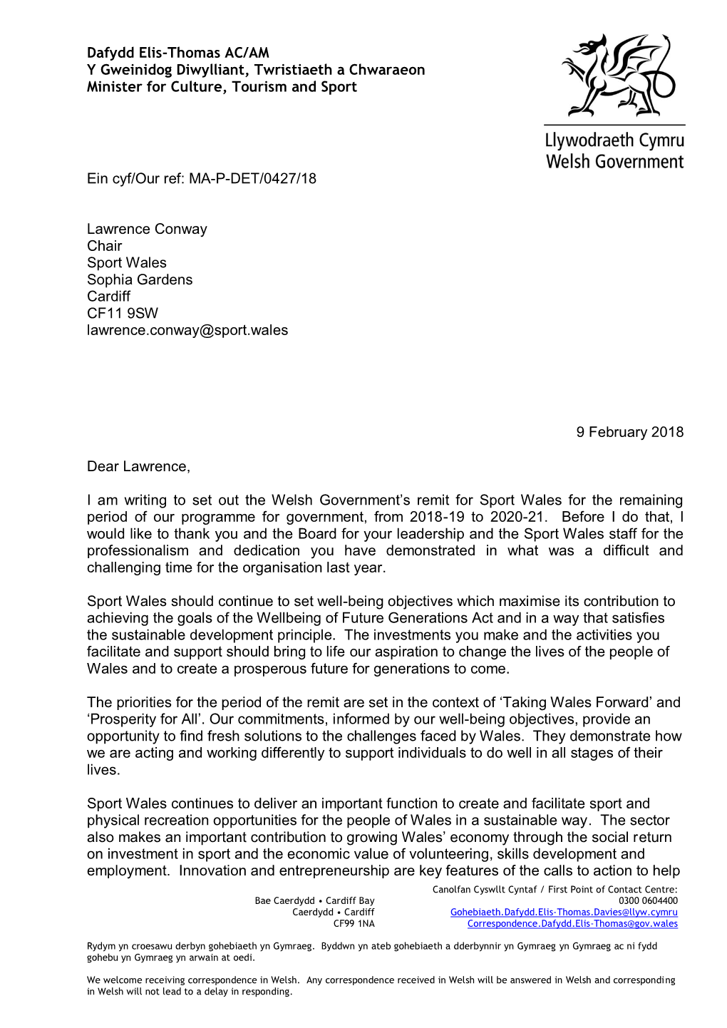 Sport Wales Remit Letter