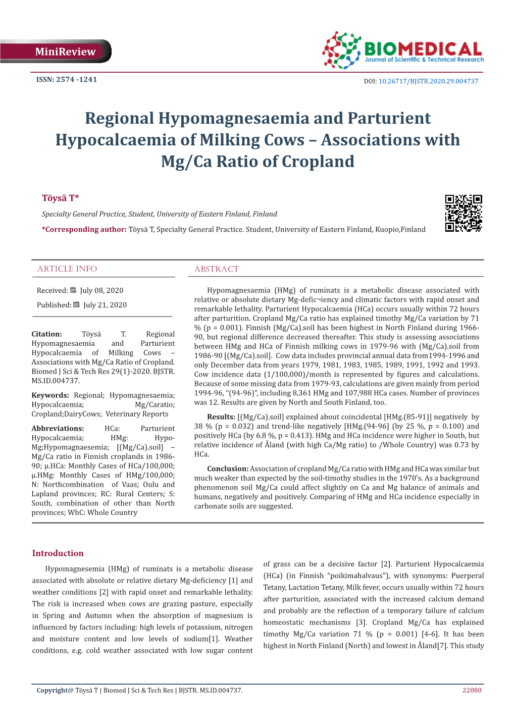 Regional Hypomagnesaemia and Parturient Hypocalcaemia of Milking Cows – Associations with Mg/Ca Ratio of Cropland