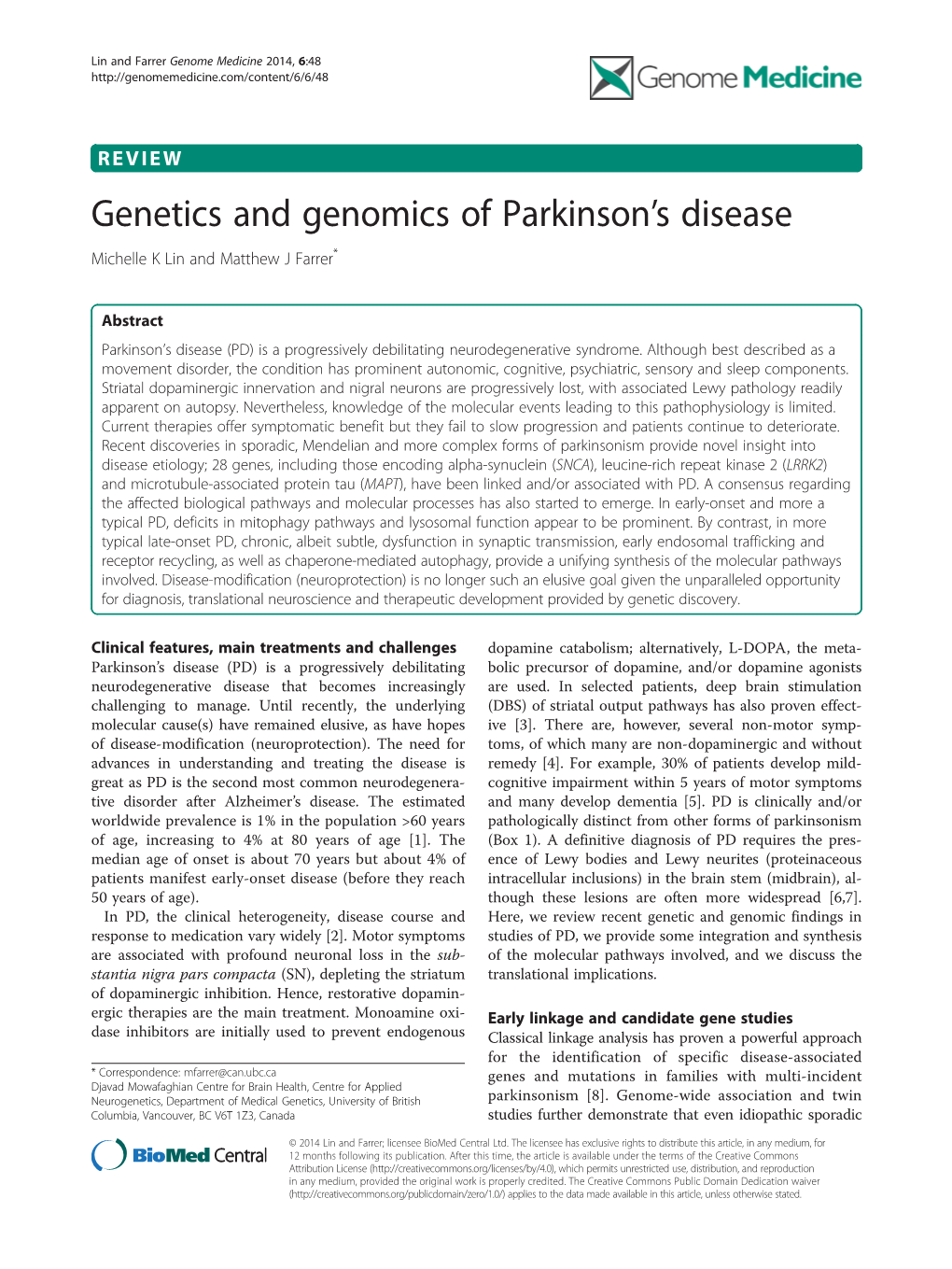 Genetics and Genomics of Parkinson's Disease