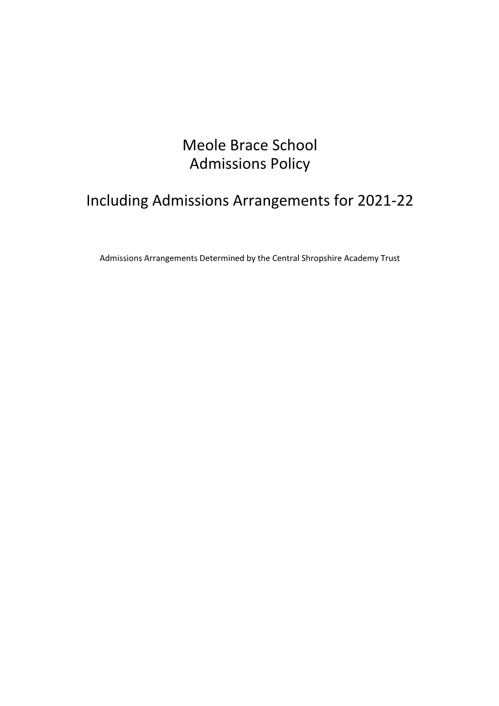 Meole Brace School Admissions Policy Including Admissions