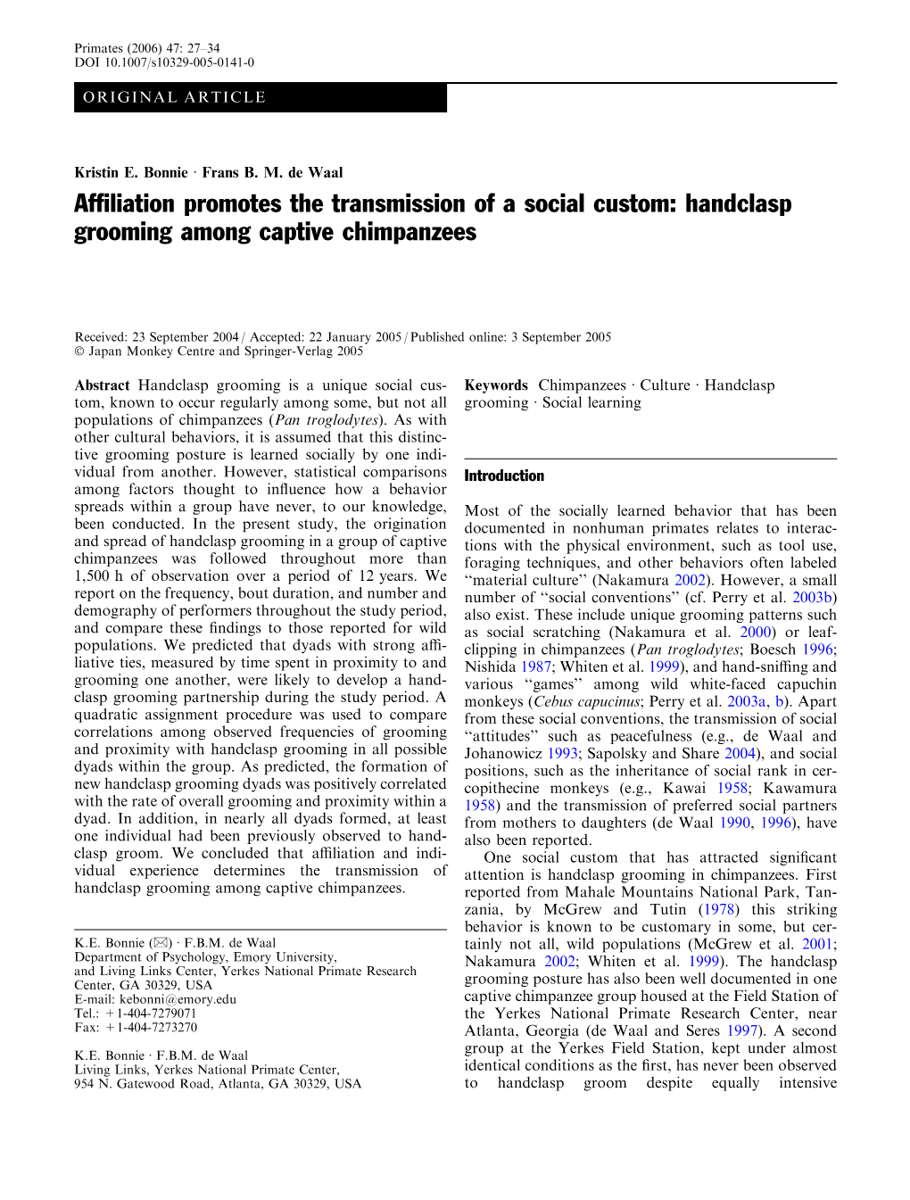 Handclasp Grooming Among Captive Chimpanzees