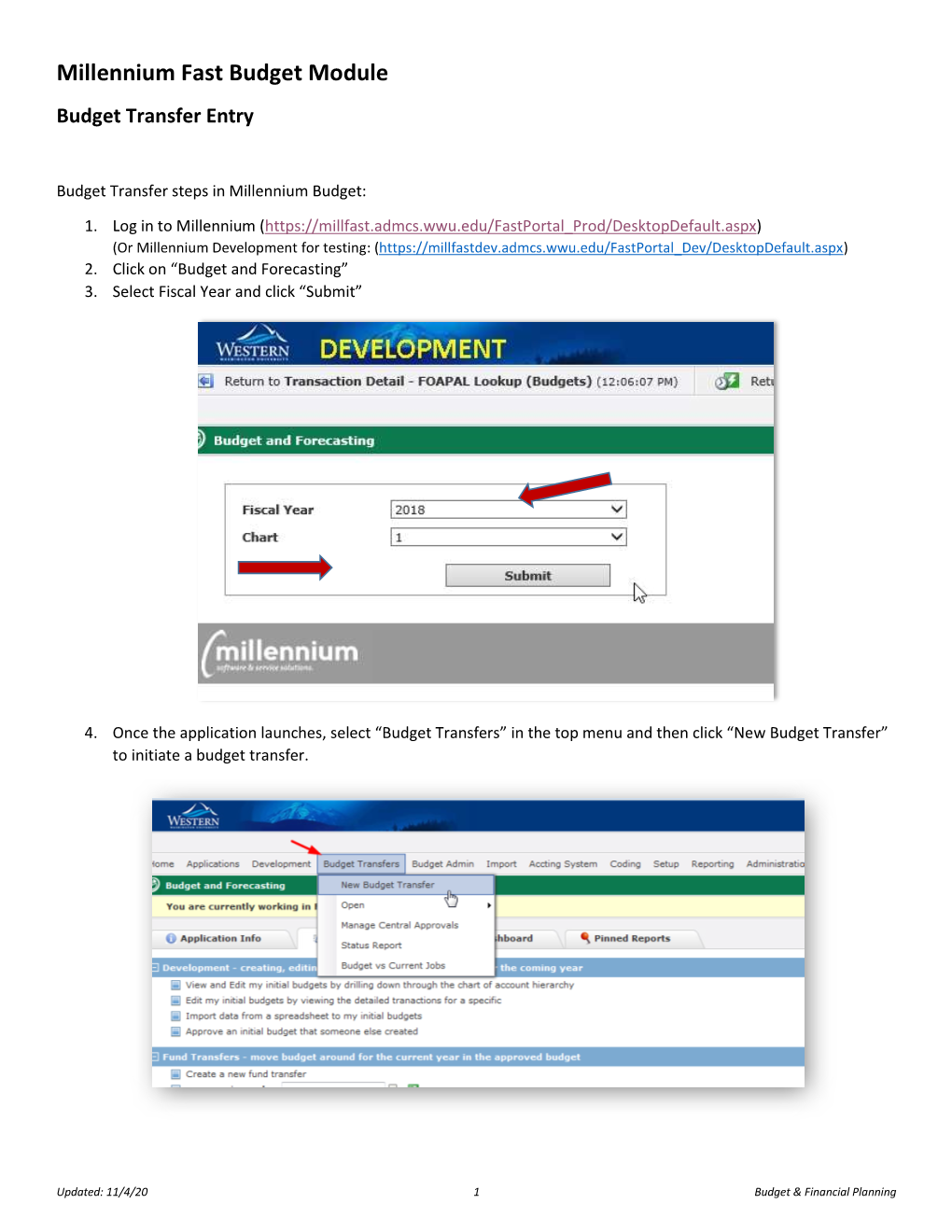 Millennium Fast Budget Module Budget Transfer Entry