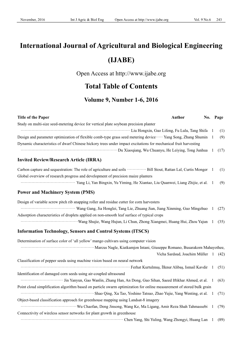 (IJABE) Total Table of Contents