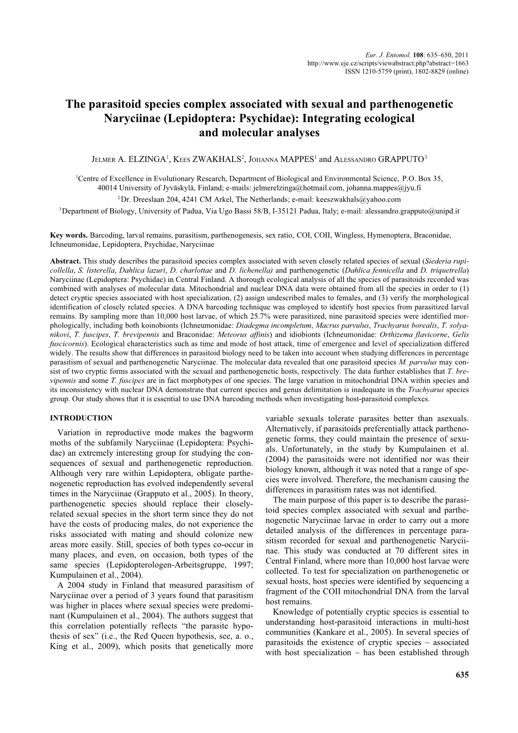 Lepidoptera: Psychidae): Integrating Ecological and Molecular Analyses