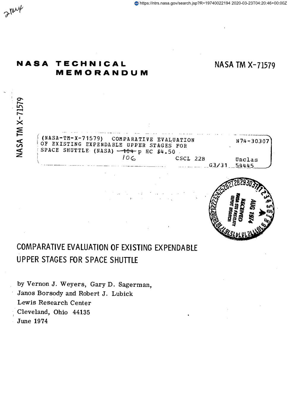 COMPARATIVE EVALUATION of EXISTING EXPENDABLE UPPER STAGES for SPACE SHUTTLE by Vernon J