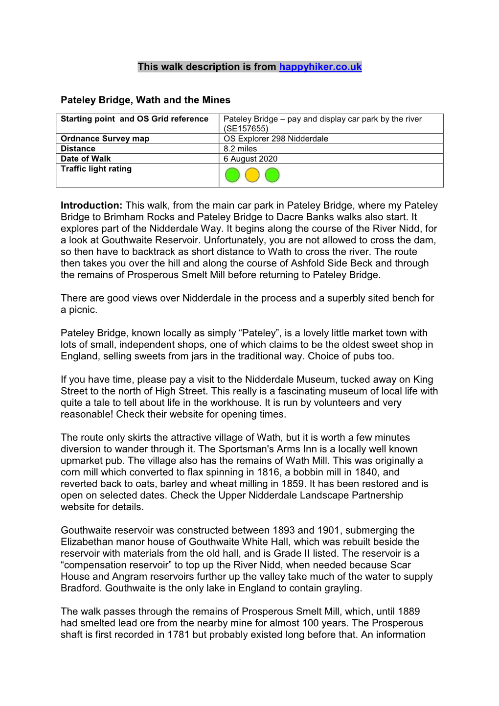 This Walk Description Is from Happyhiker.Co.Uk Pateley Bridge, Wath and the Mines Introduction: This Walk, from the Main Car