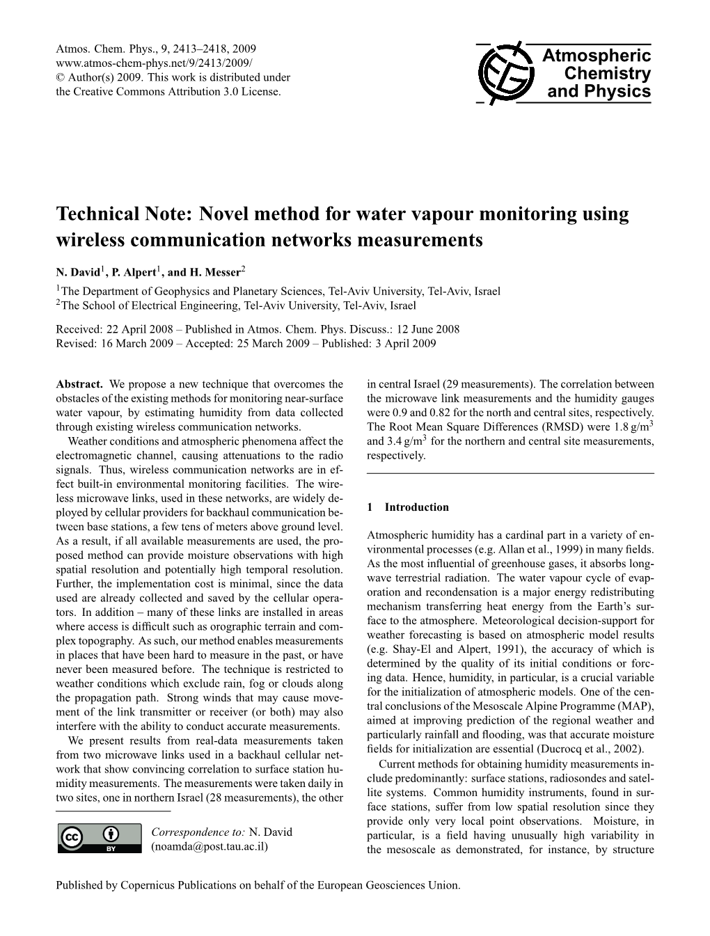 Novel Method for Water Vapour Monitoring Using Wireless Communication Networks Measurements