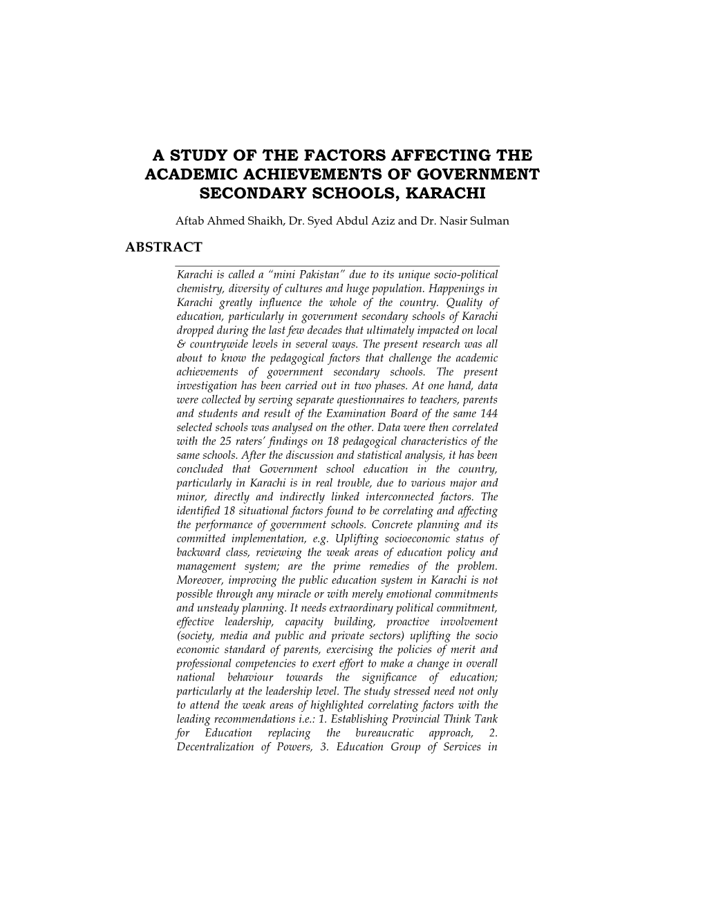 A Study of the Factors Affecting the Academic Achievements of Government Secondary Schools, Karachi