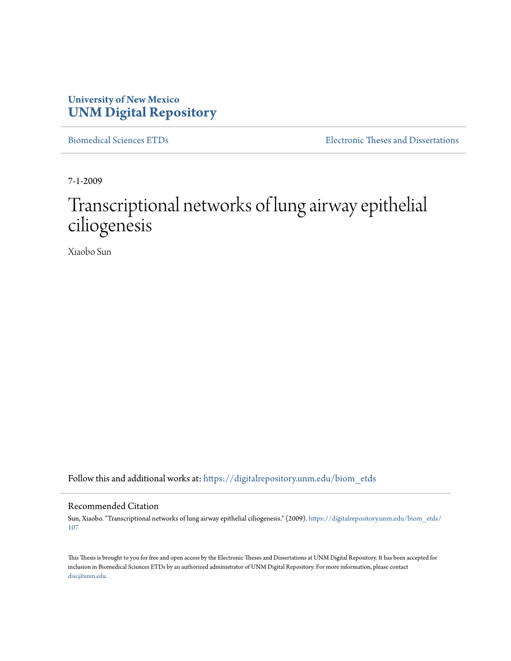 Transcriptional Networks of Lung Airway Epithelial Ciliogenesis Xiaobo Sun