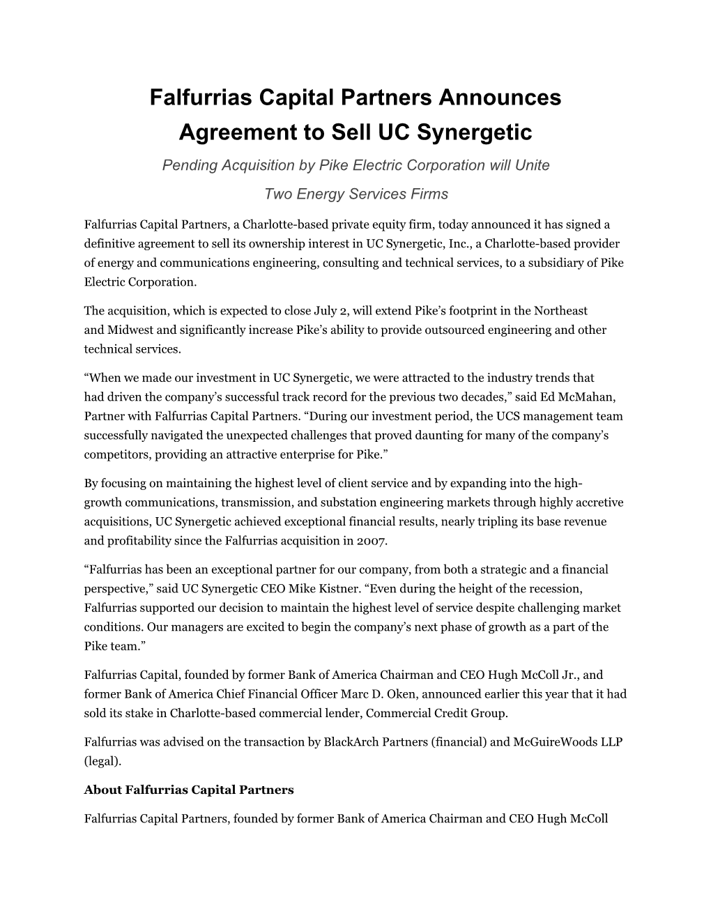 Falfurrias Capital Partners Announces Agreement to Sell UC Synergetic