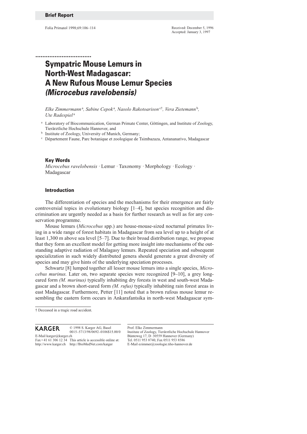 A New Rufous Mouse Lemur Species (Microcebus Ravelobensis)