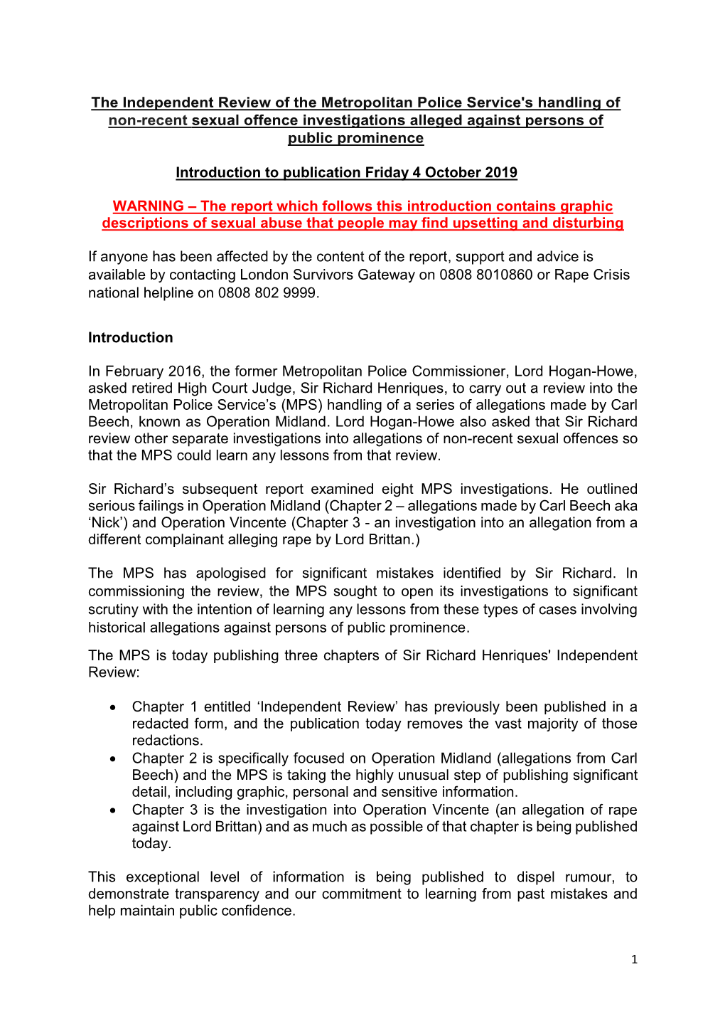 The Independent Review of the Metropolitan Police Service's Handling of Non-Recent Sexual Offence Investigations Alleged Against Persons of Public Prominence