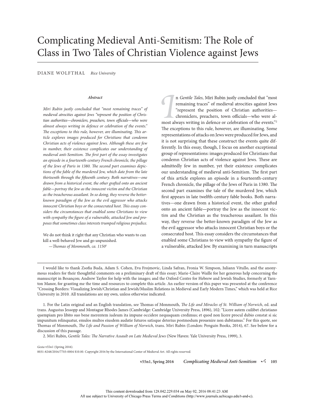 Complicating Medieval Anti-Semitism: the Role of Class in Two Tales of Christian Violence Against Jews