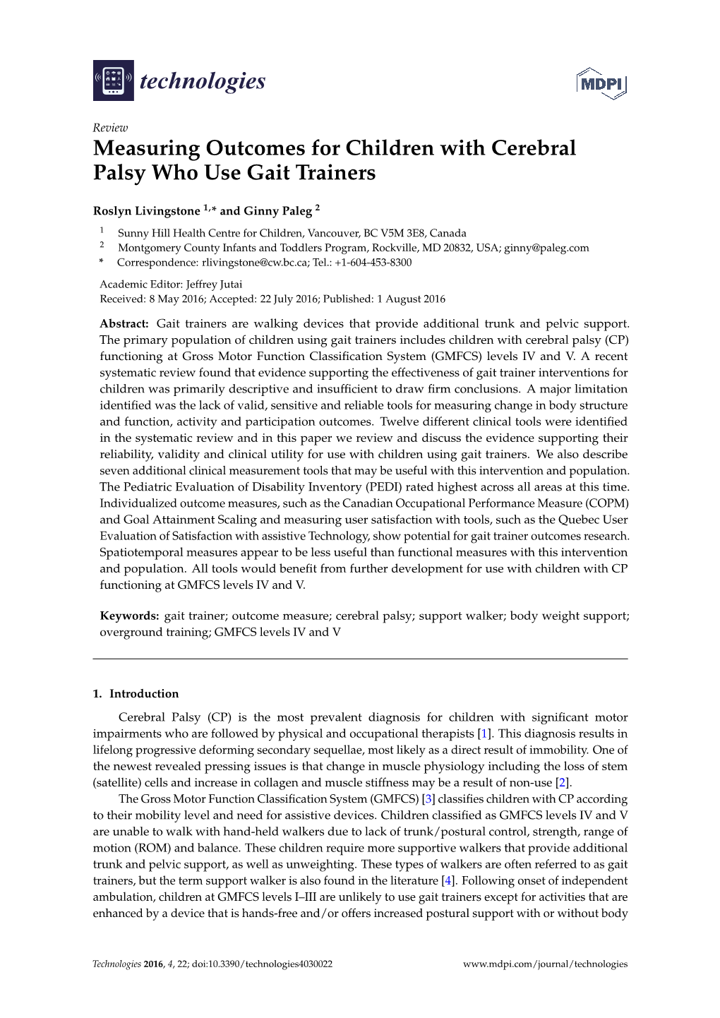 Measuring Outcomes for Children with Cerebral Palsy Who Use Gait Trainers