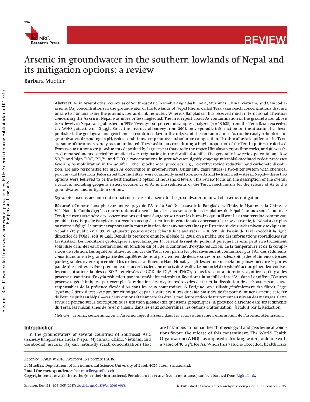 Arsenic in Groundwater in the Southern Lowlands of Nepal and Its Mitigation Options: a Review Barbara Mueller