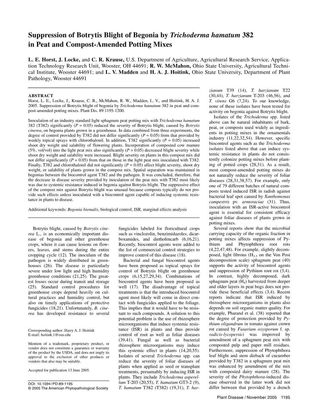 Suppression of Botrytis Blight of Begonia by Trichoderma Hamatum 382 in Peat and Compost-Amended Potting Mixes