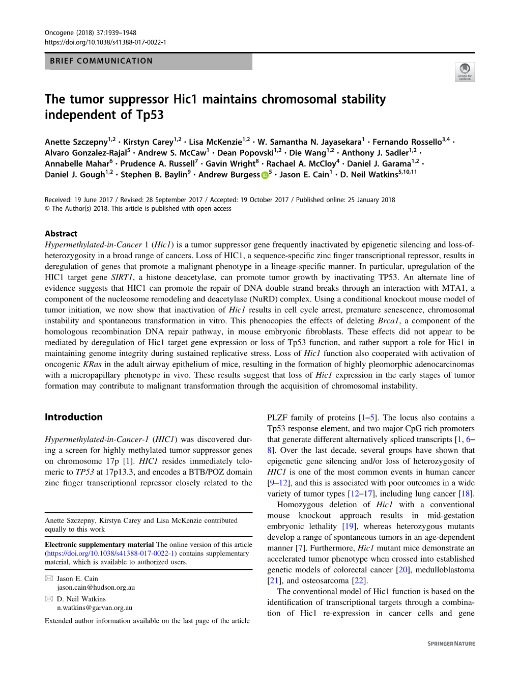 The Tumor Suppressor Hic1 Maintains Chromosomal Stability Independent of Tp53