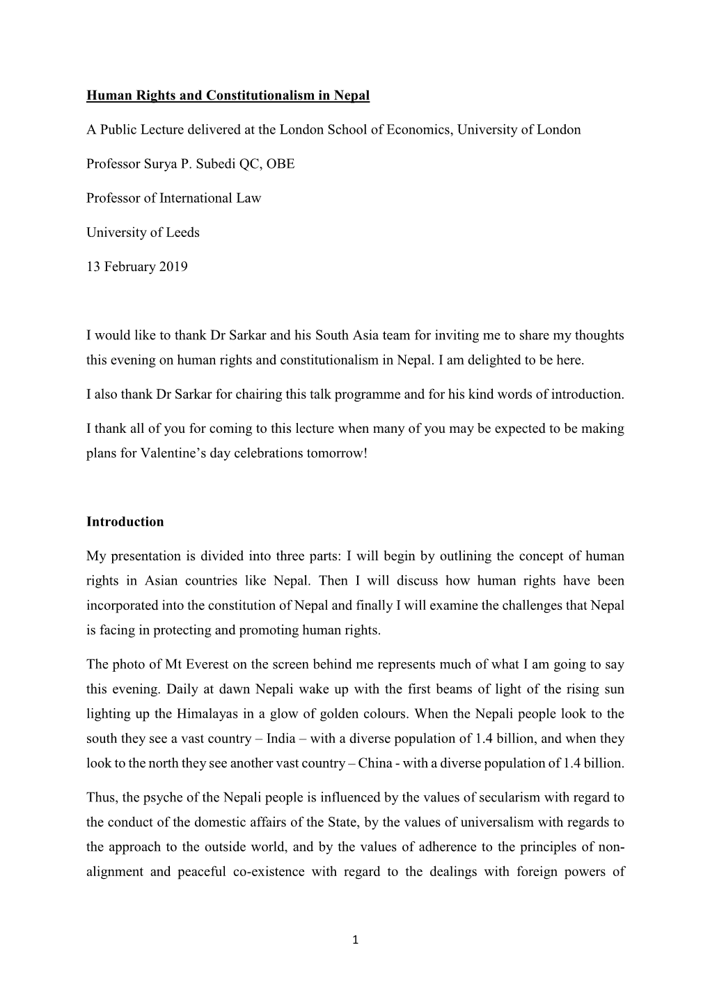 Human Rights and Constitutionalism in Nepal a Public Lecture Delivered at the London School of Economics, University of London P