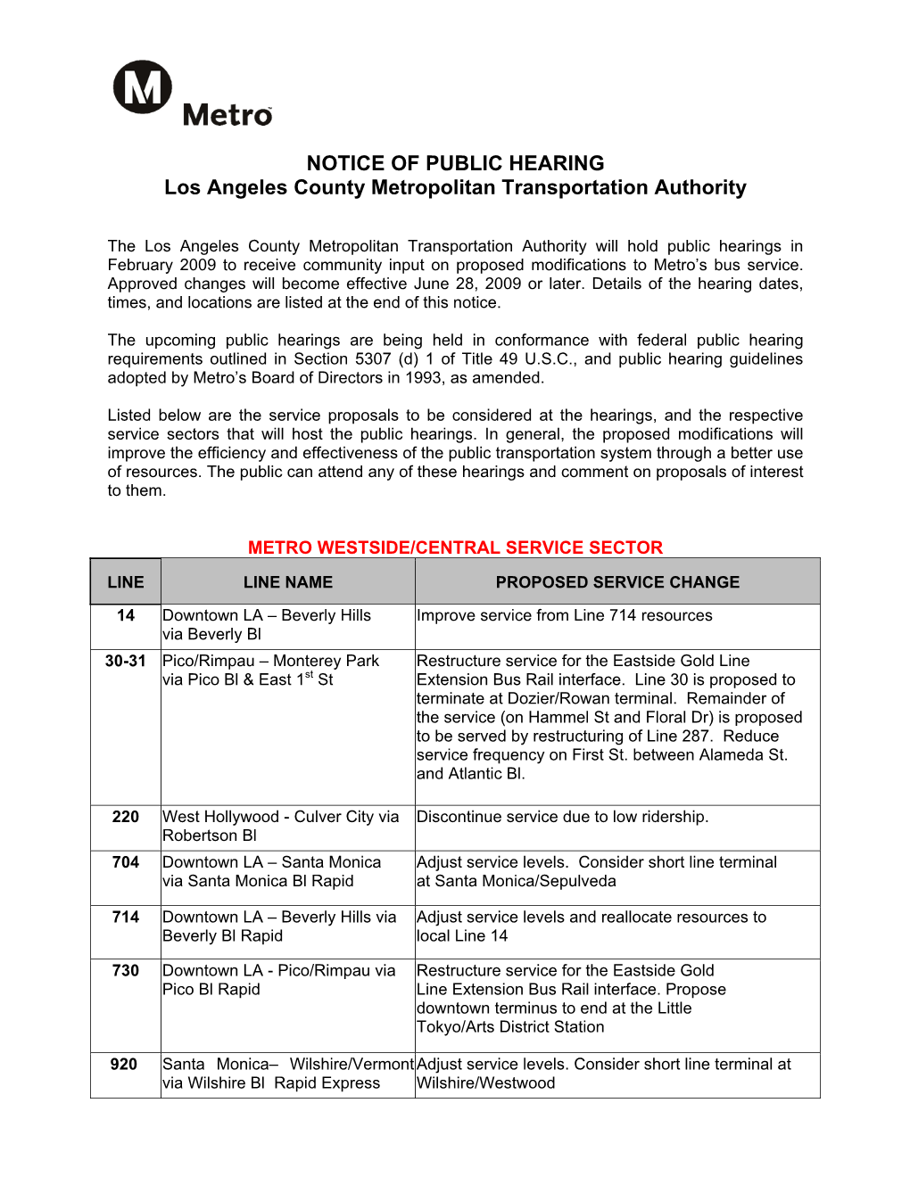 NOTICE of PUBLIC HEARING Los Angeles County Metropolitan Transportation Authority