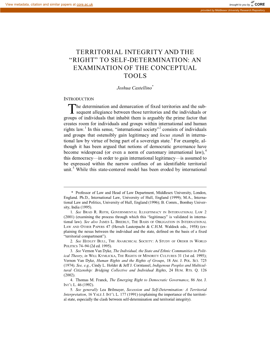 Territorial Integrity and the “Right” to Self-Determination: an Examination of the Conceptual Tools