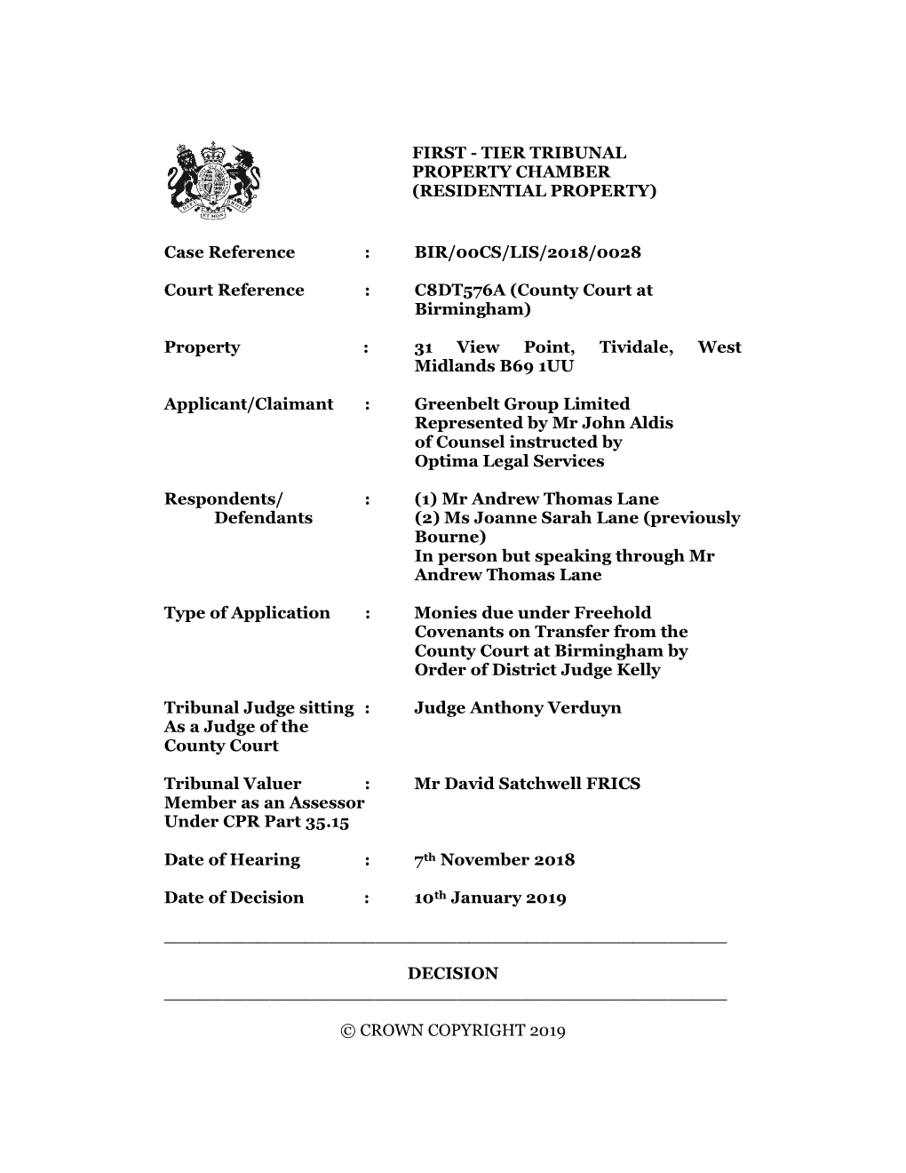 BIR/00CS/LIS/2018/0028 Court Reference : C8DT576A (County Court at Birmingham)