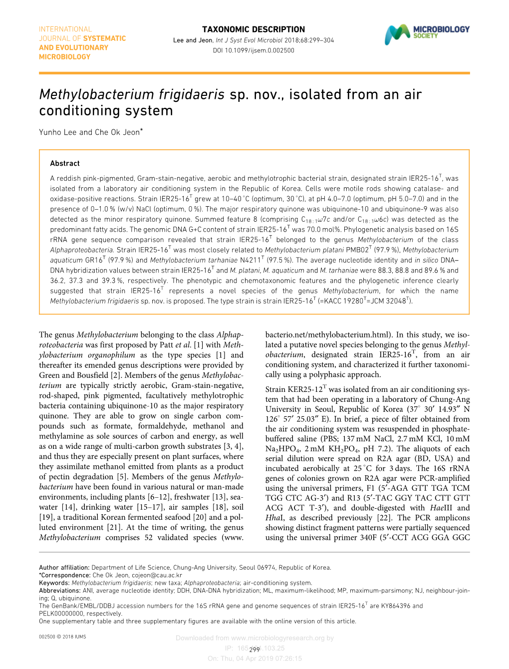 Methylobacterium Frigidaeris Sp. Nov., Isolated from an Air Conditioning System