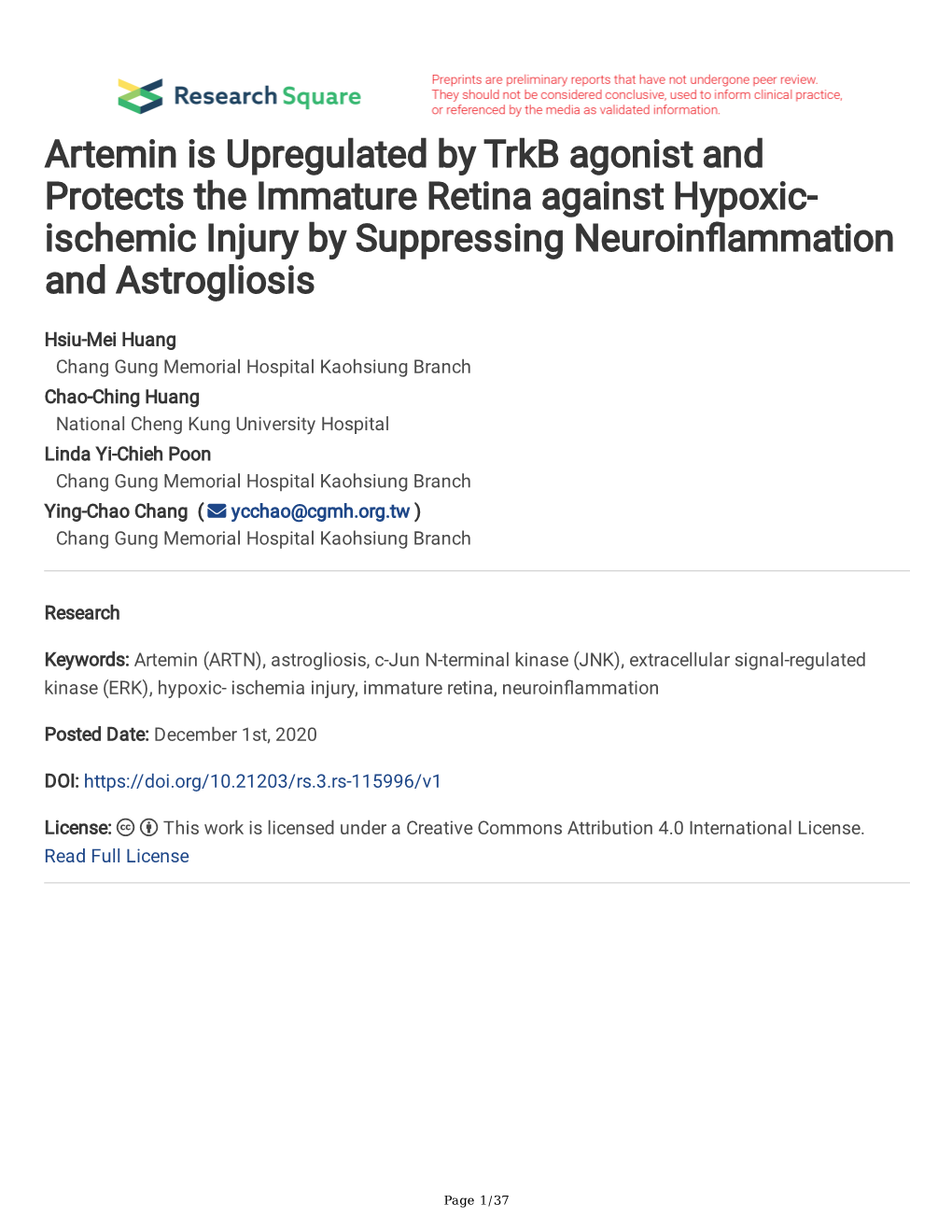 Artemin Is Upregulated by Trkb Agonist and Protects the Immature Retina Against Hypoxic- Ischemic Injury by Suppressing Neuroinfammation and Astrogliosis