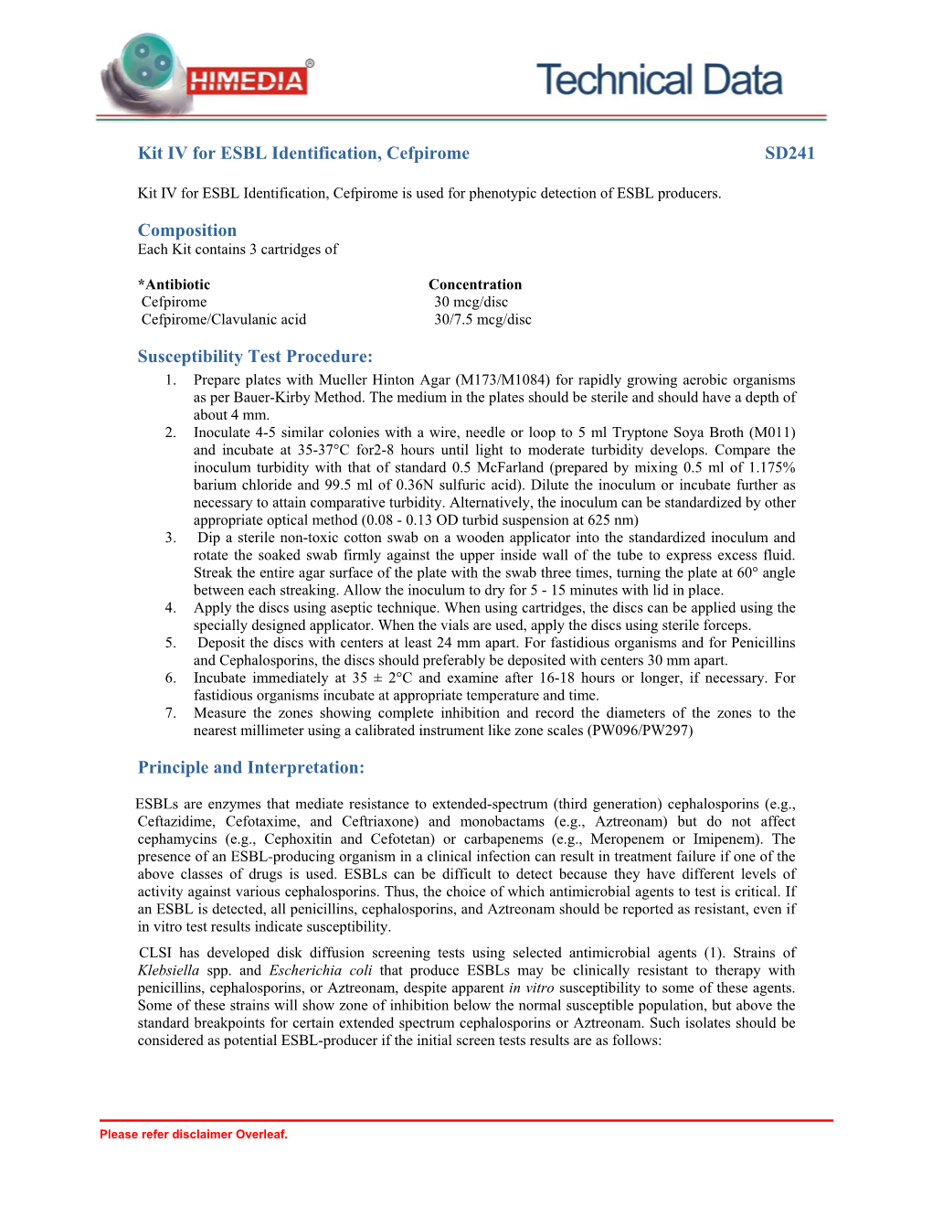 Kit IV for ESBL Identification, Cefpirome SD241