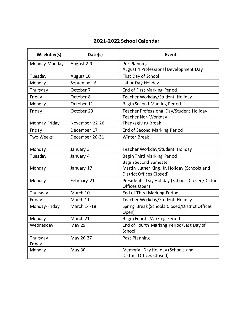 2021-2022 School Calendar