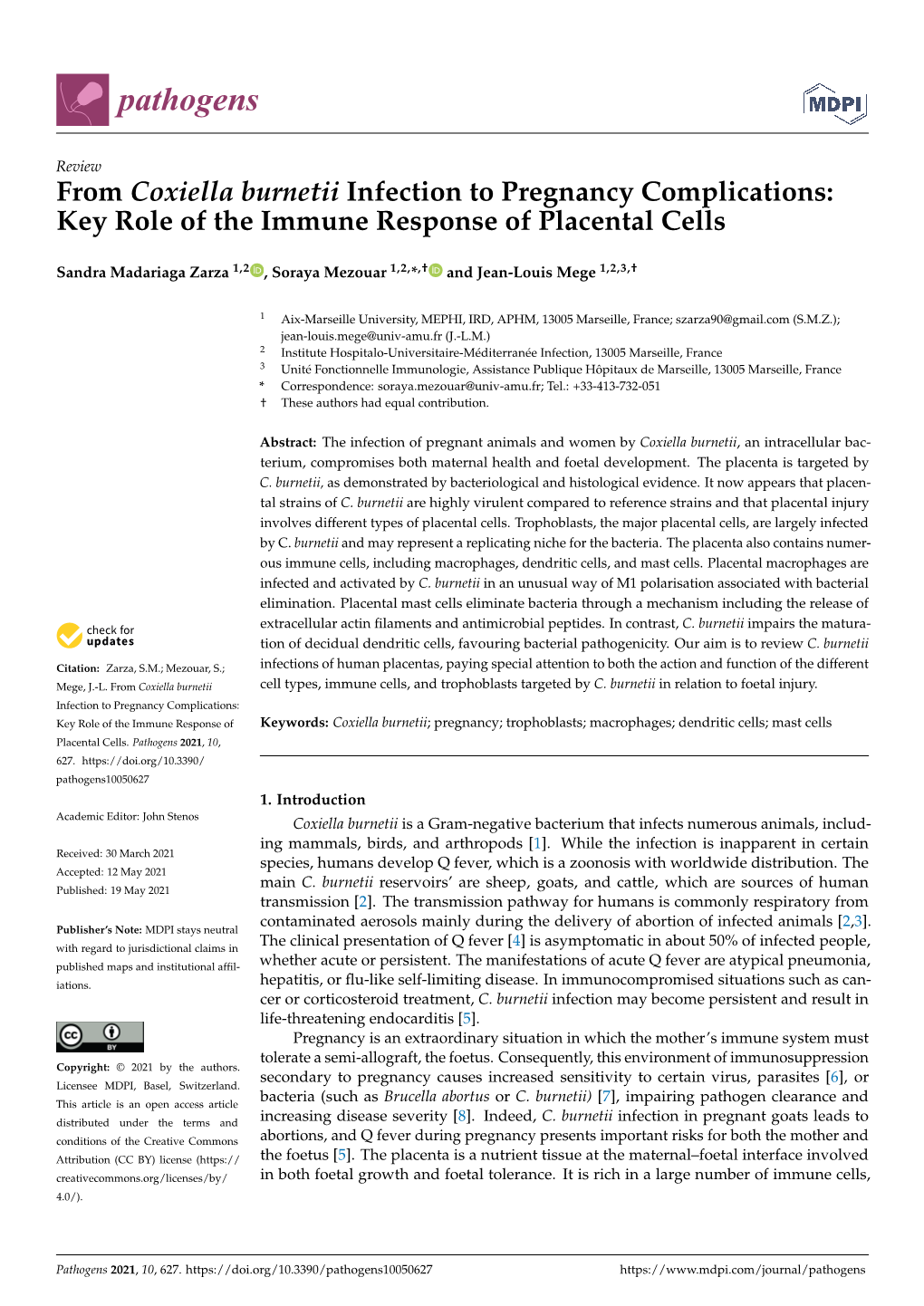 From Coxiella Burnetii Infection to Pregnancy Complications: Key Role of the Immune Response of Placental Cells