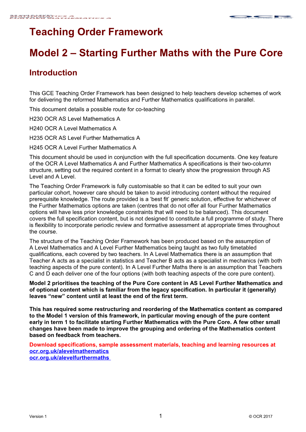 AS/A Level Mathematics a and Further Mathematics Teaching Order Framework Model 2