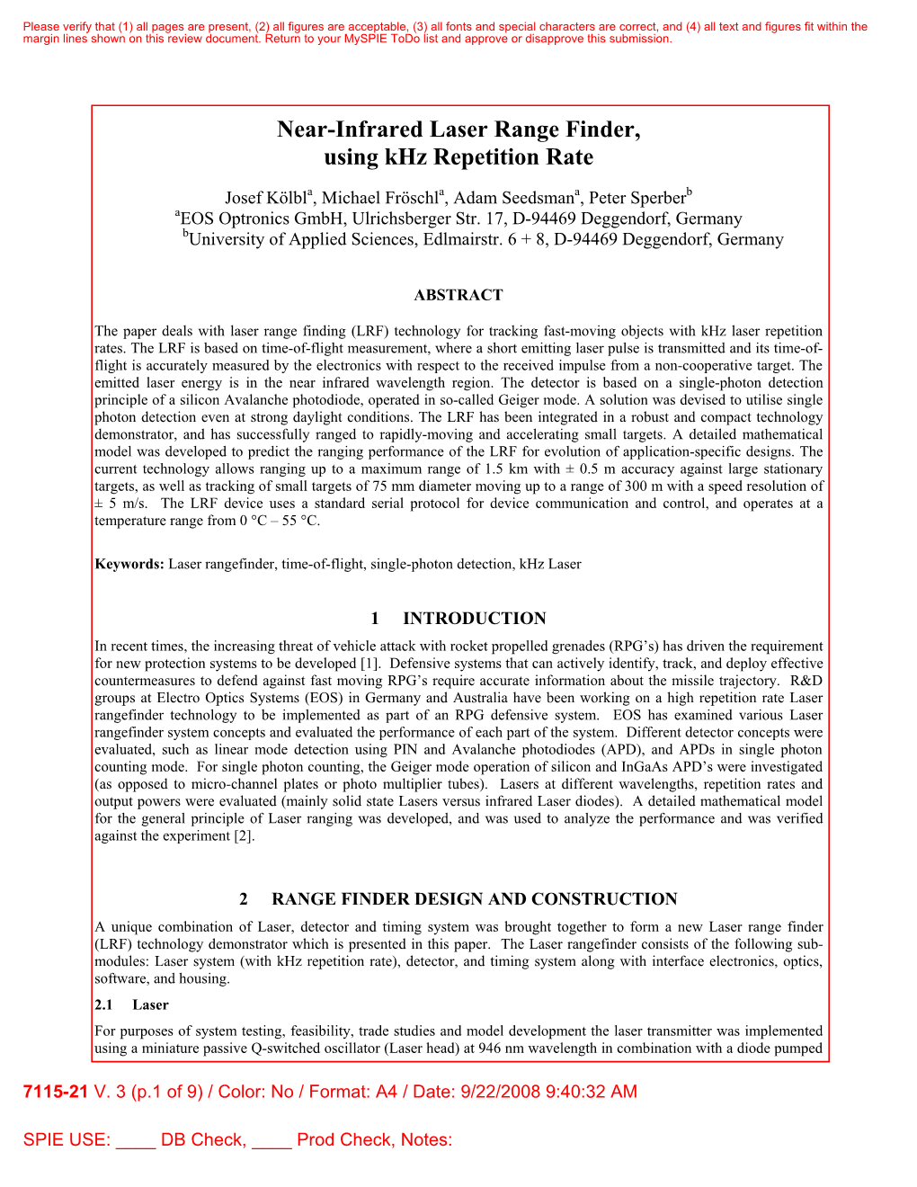 Near-Infrared Laser Range Finder, Using Khz Repetition Rate