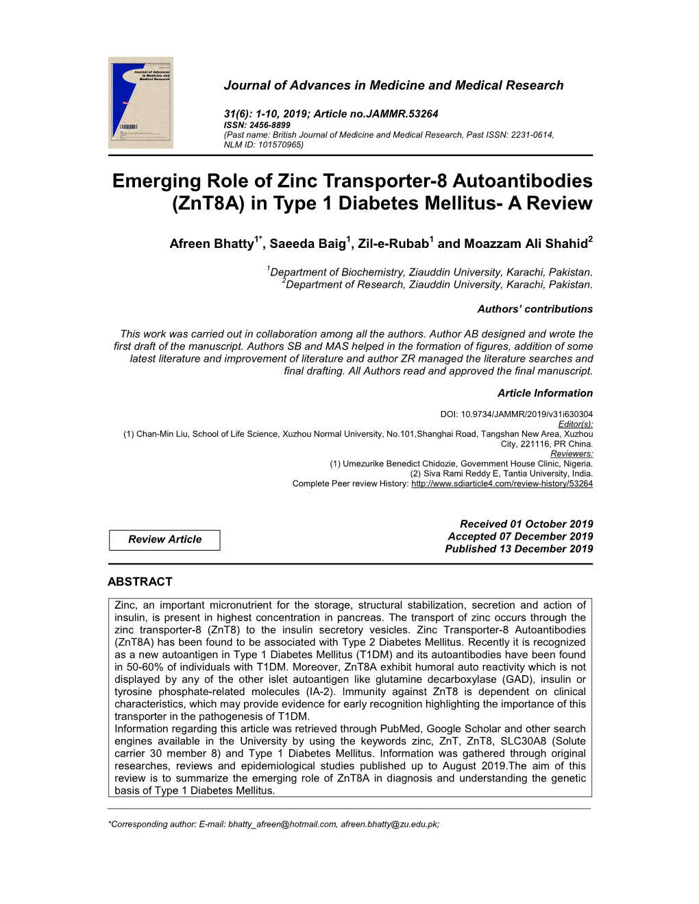 Emerging Role of Zinc Transporter-8 Autoantibodies (Znt8a) in Type 1 Diabetes Mellitus- a Review