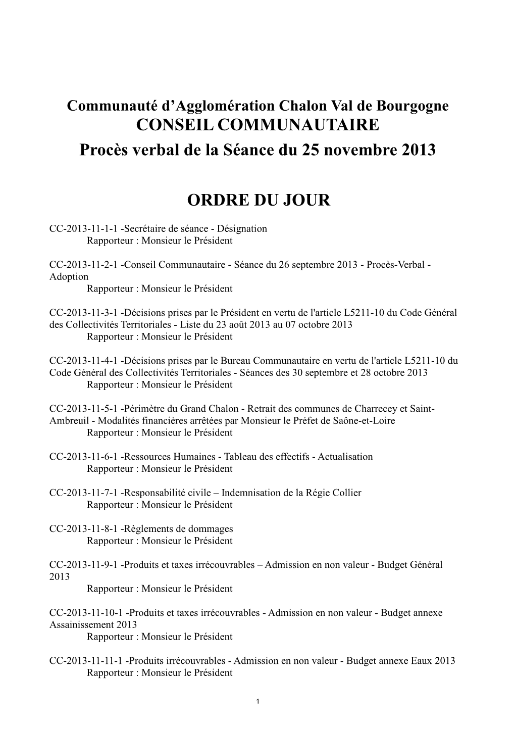 CONSEIL COMMUNAUTAIRE Procès Verbal De La Séance Du 25 Novembre 2013