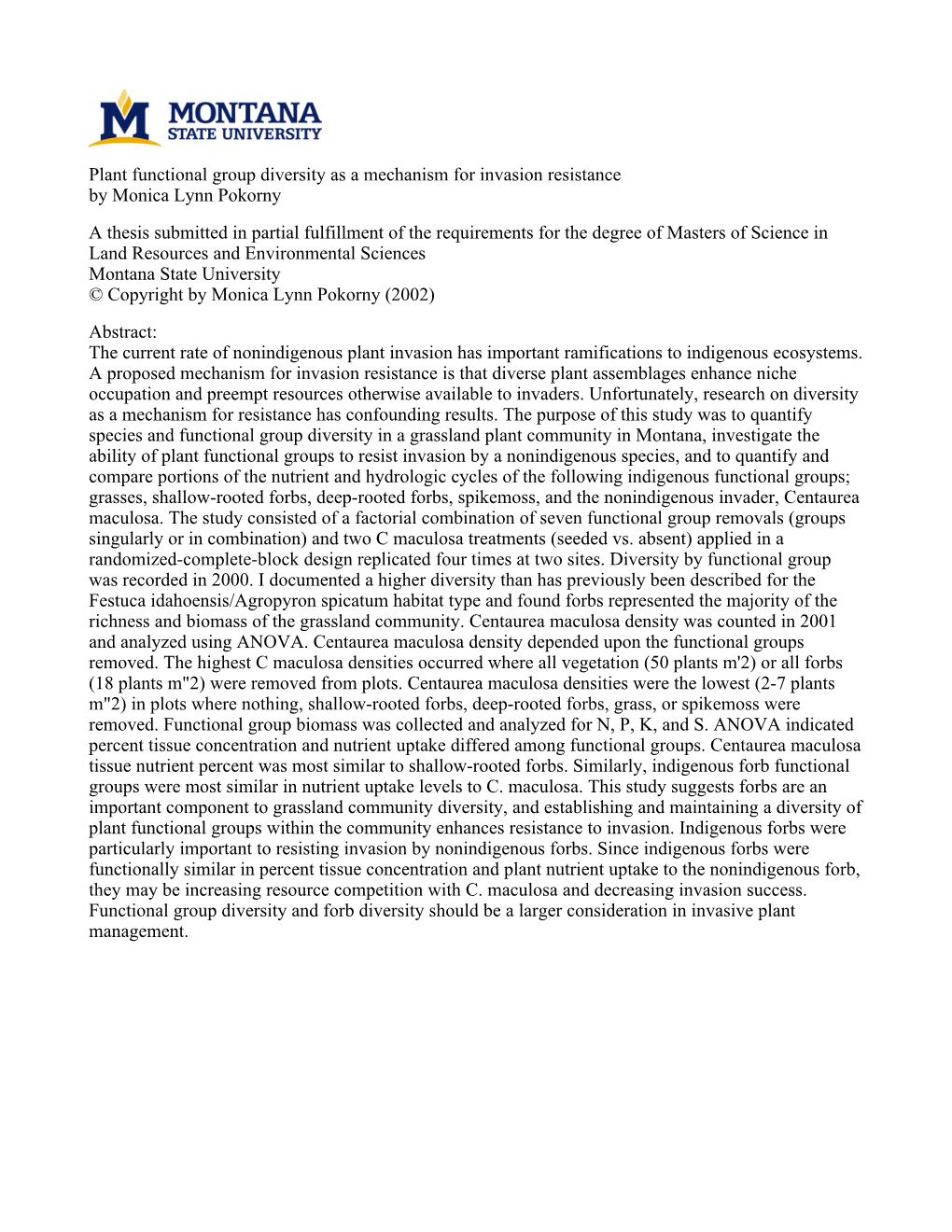 Plant Functional Group Diversity As a Mechanism for Invasion Resistance