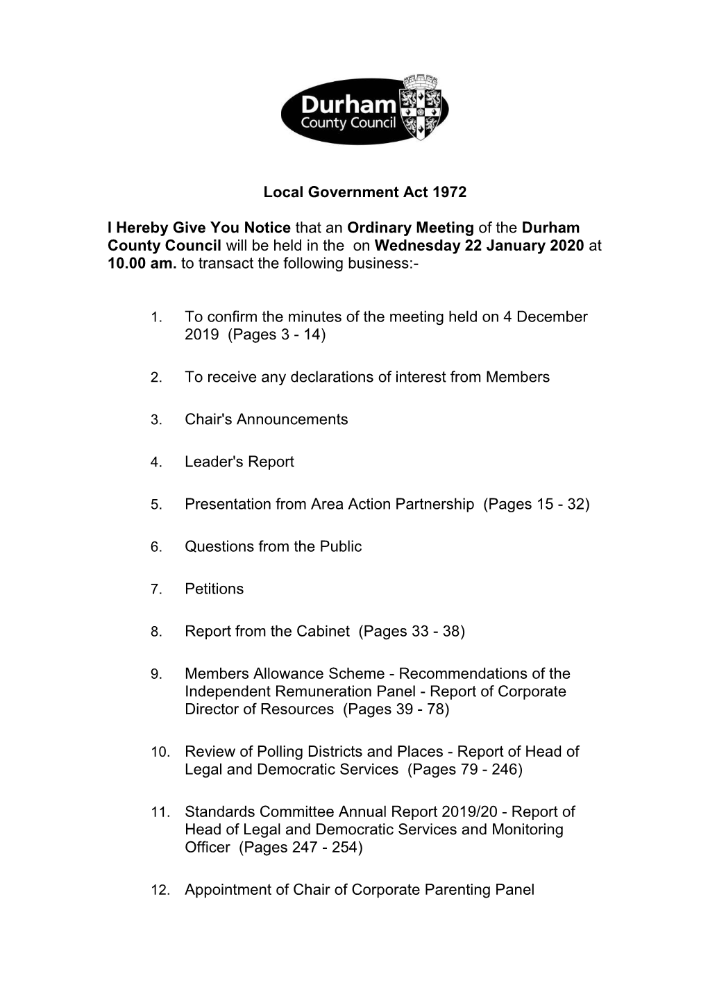 (Public Pack)Agenda Document for County Council, 22/01/2020 10:00