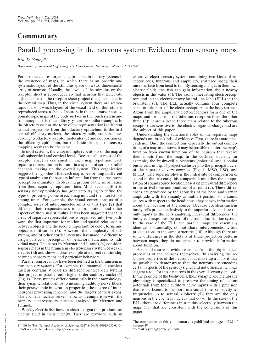 Parallel Processing in the Nervous System: Evidence from Sensory Maps Eric D