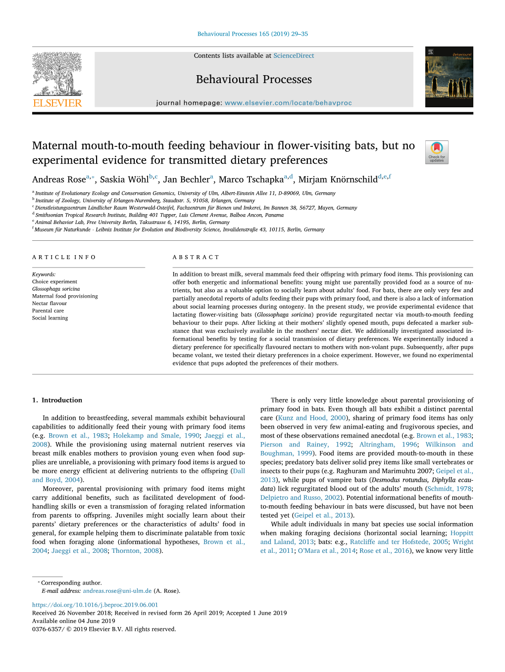 Maternal Mouth-To-Mouth Feeding Behaviour in Flower-Visiting Bats, But