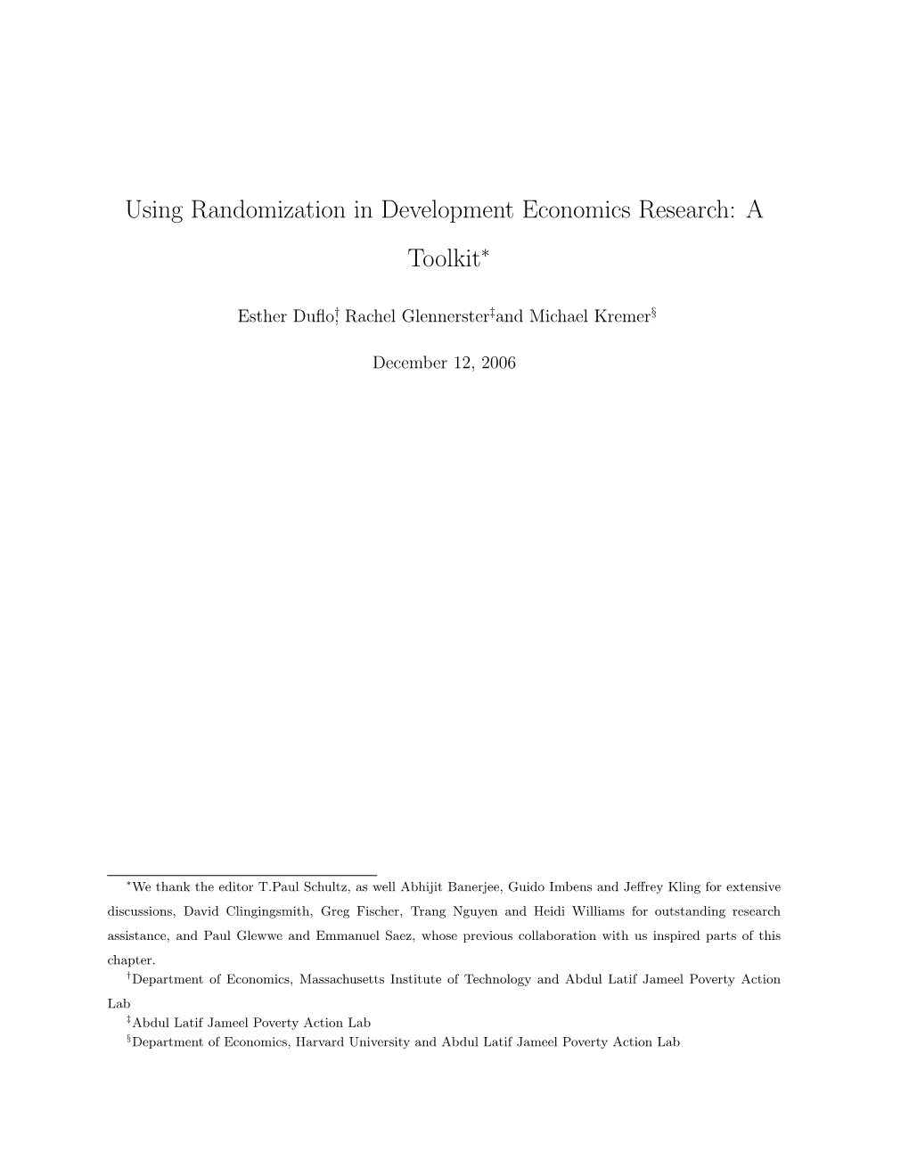 Using Randomization in Development Economics Research: a Toolkit∗