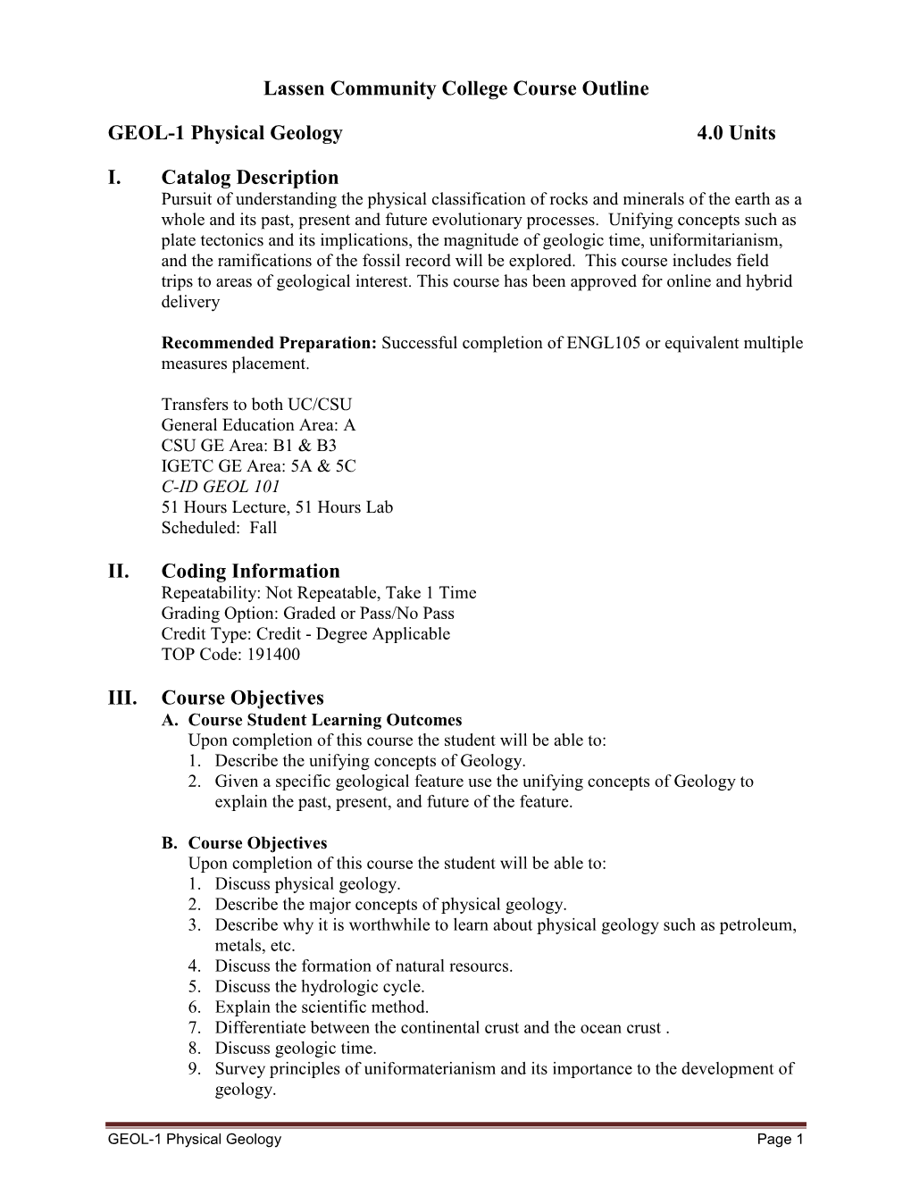 GEOL 1 Physical Geology(C-ID GEOL 101)