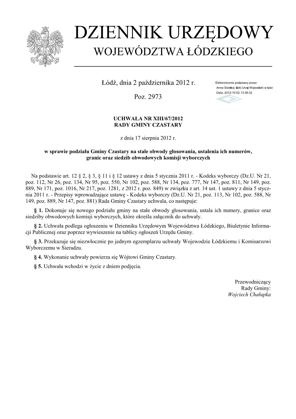 Uchwała Nr XIII/67/2012 Z Dnia 17 Sierpnia 2012 R