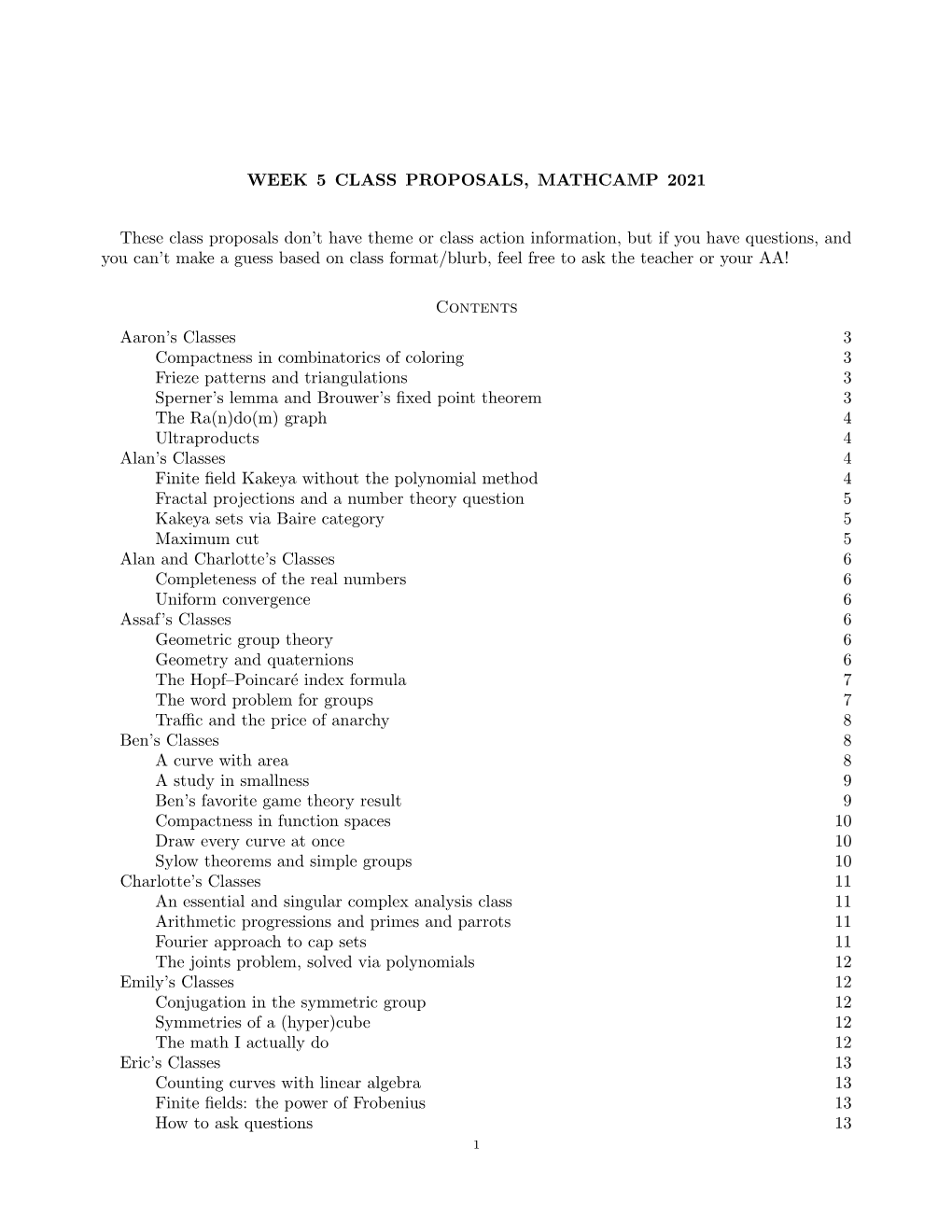 WEEK 5 CLASS PROPOSALS, MATHCAMP 2021 These Class