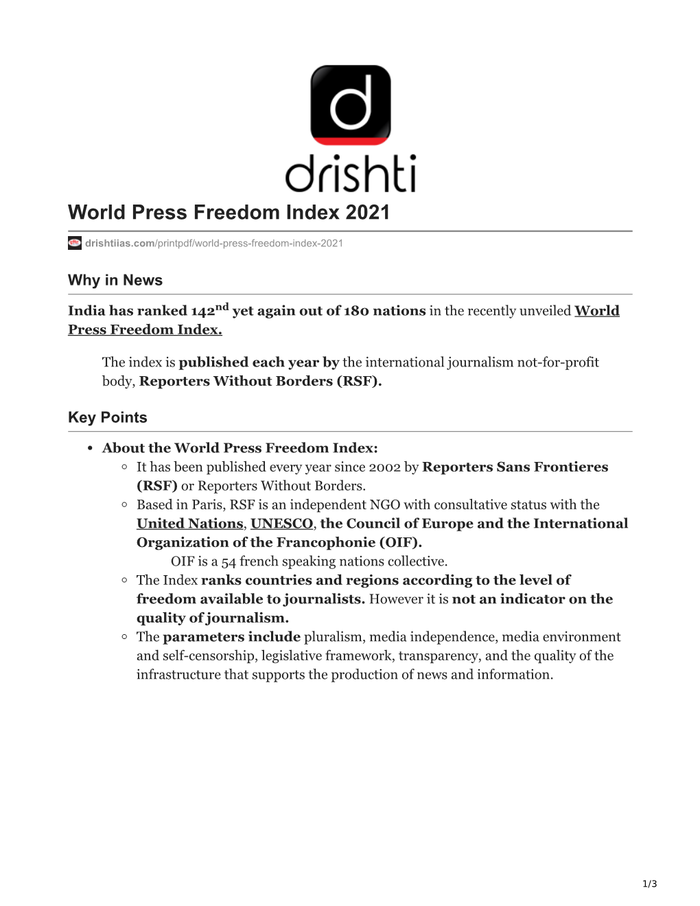 World Press Freedom Index 2021