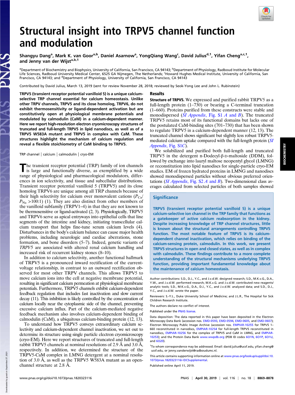 Structural Insight Into TRPV5 Channel Function and Modulation