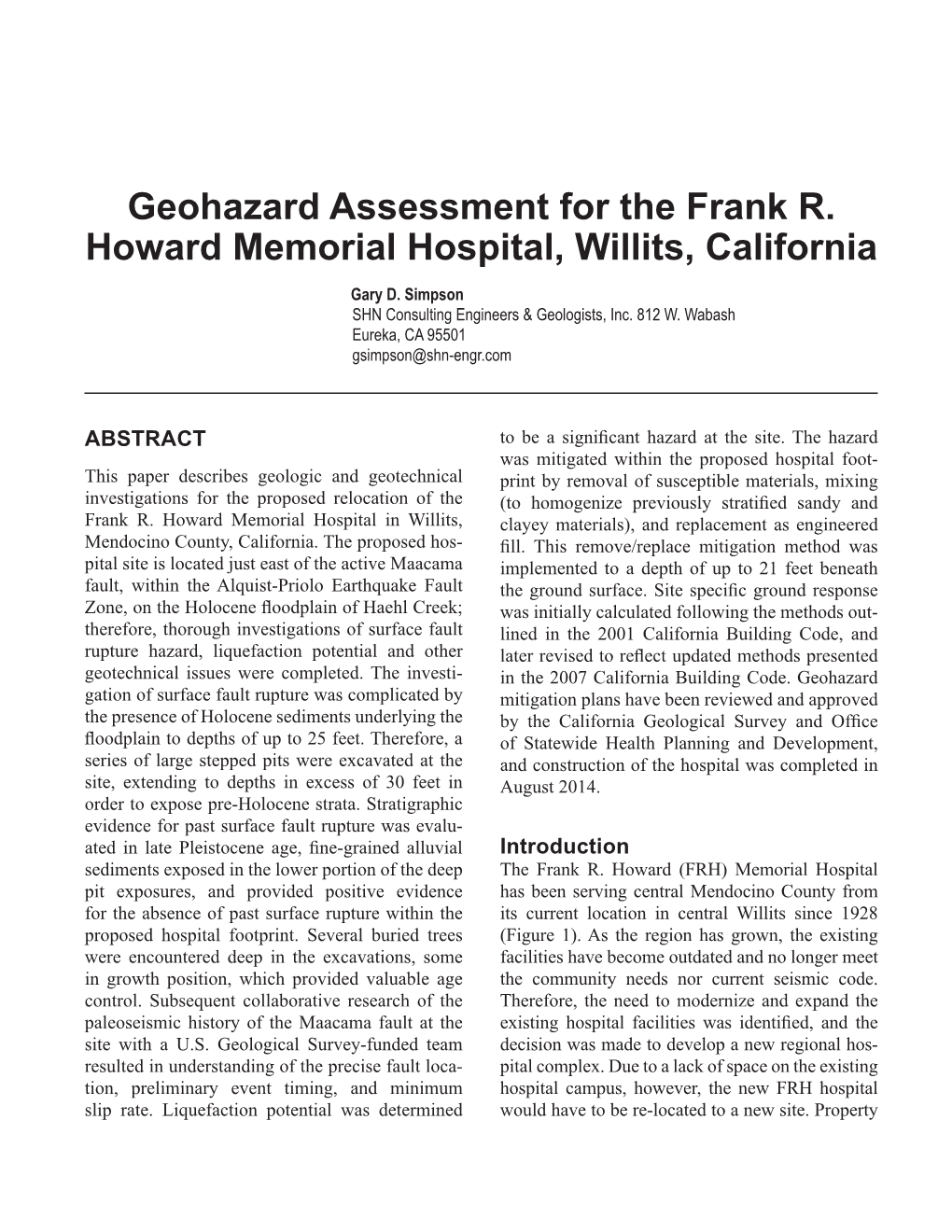 Geohazard Assessment for the Frank R. Howard Memorial Hospital, Willits, California Gary D